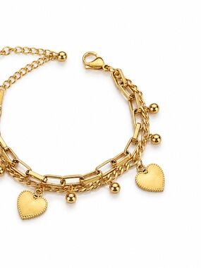 Gold Bracelet Stainless Steel 304– Double Layer Heart Chain Bracelet for Women